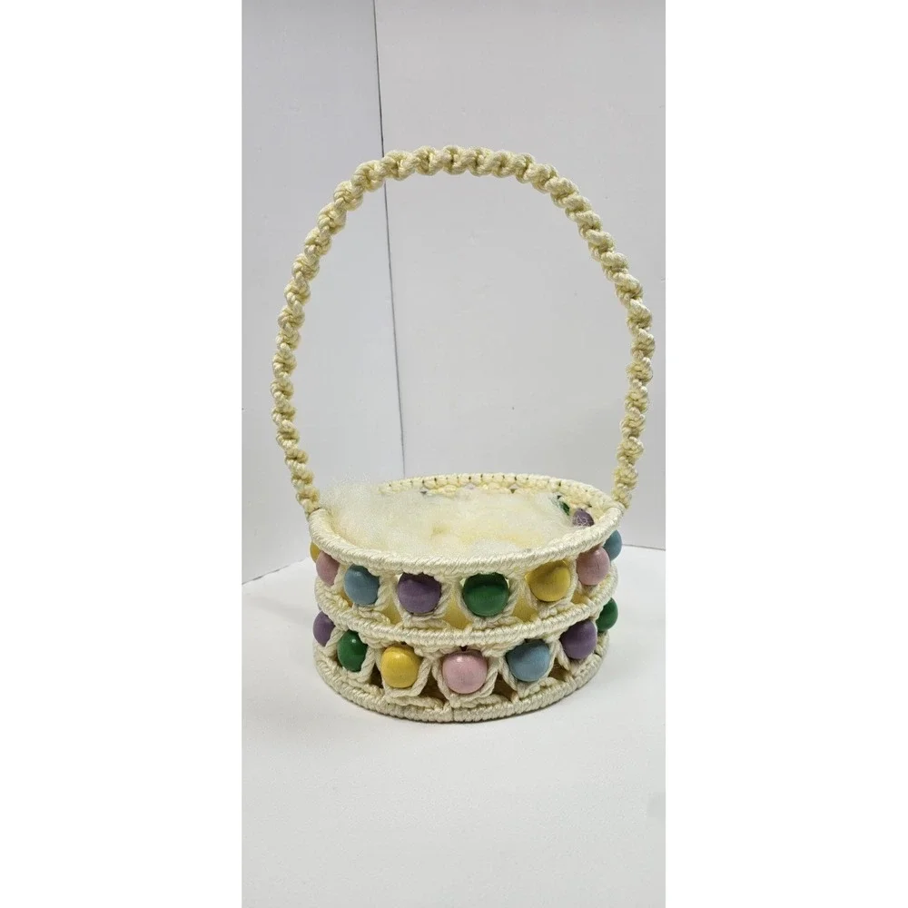 Vintage MCM‎ Macrame Easter Basket Pastel Wooden Beads Handmade Boho Decor 12